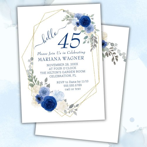 Girly Chic Navy Blue Floral 45th Birthday Invitation