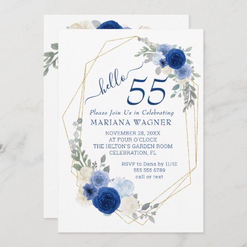 Girly Chic Navy Blue Floral 55th Birthday Invitation