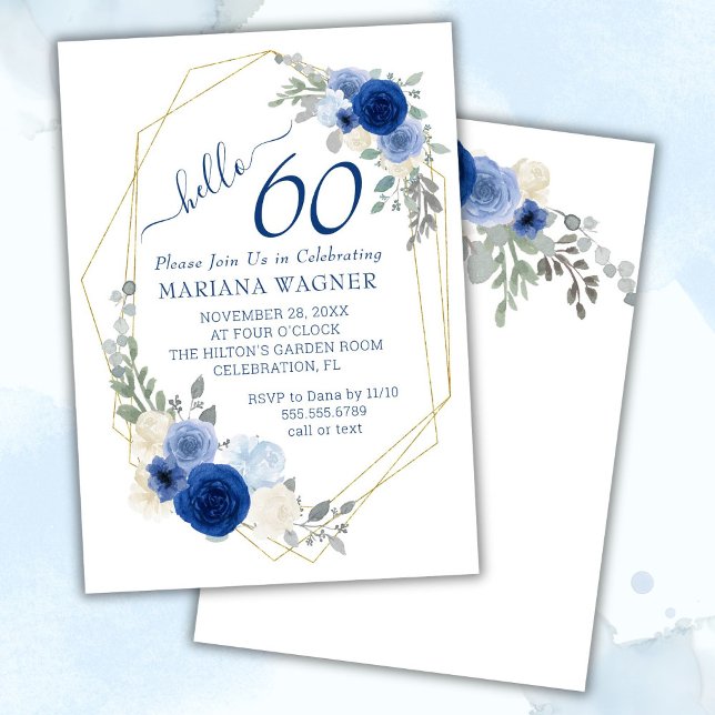 Girly Chic Navy Blue Floral 60th Birthday Invitation (Creator Uploaded)
