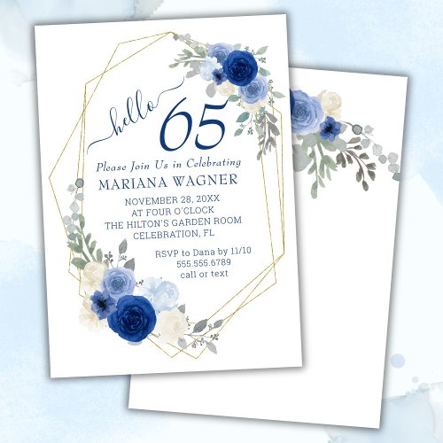Girly Chic Navy Blue Floral 65th Birthday Invitation