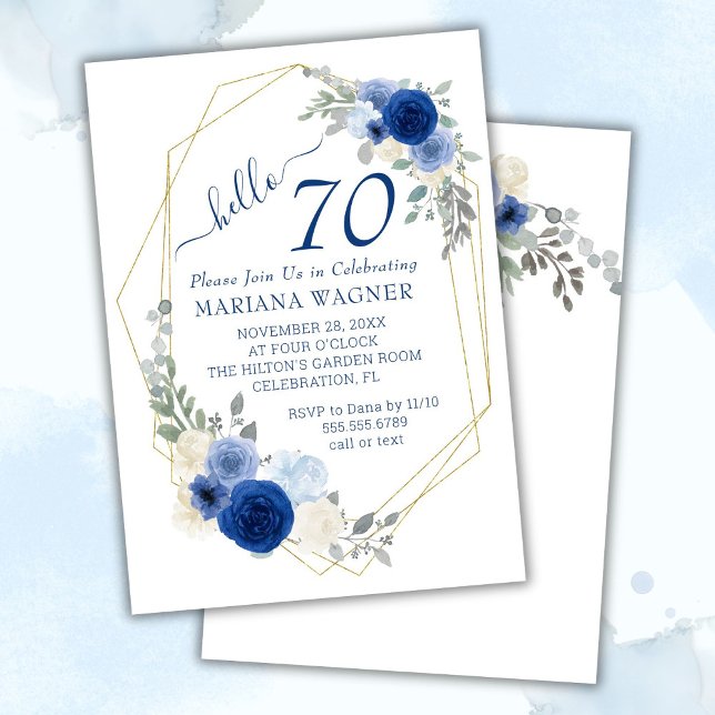 Girly Chic Navy Blue Floral 70th Birthday Invitation (Creator Uploaded)