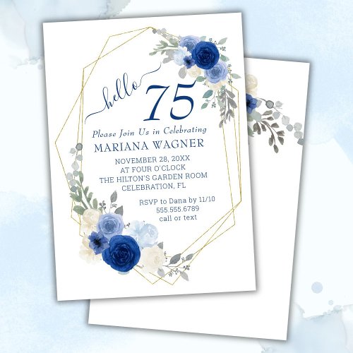 Girly Chic Navy Blue Floral 75th Birthday Invitation