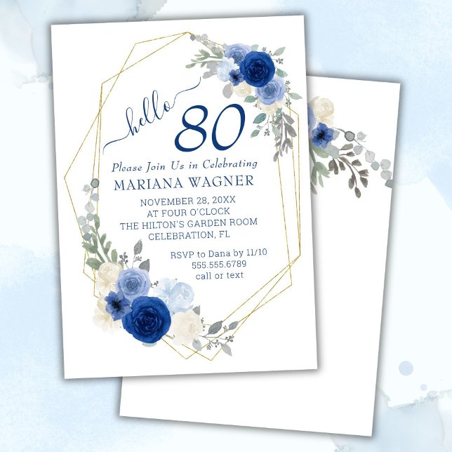Girly Chic Navy Blue Floral 80th Birthday Invitation (Creator Uploaded)