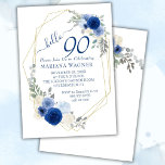 Girly Chic Navy Blue Floral 90th Birthday Invitation<br><div class="desc">Girly chic navy blue floral 90th birthday invitations with gold frame for her in pretty blue flowers.</div>