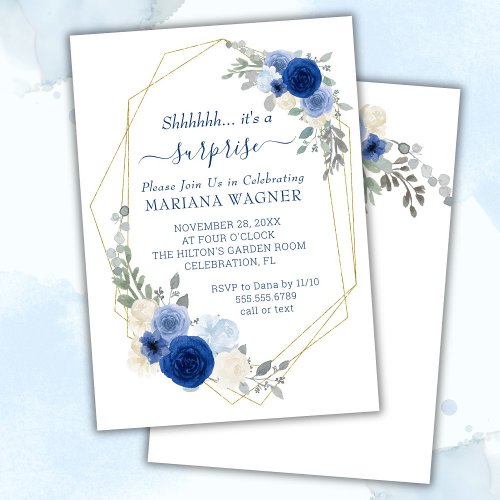 Girly Chic Navy Blue Floral Surprise Birthday Invitation