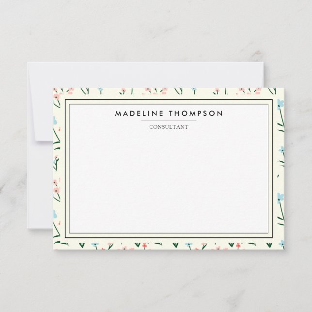 Girly Chic Pastel Pink Blue Flowers Pattern Note Card (Front)