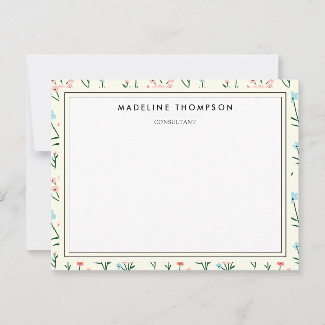 Girly Chic Pastel Pink Blue Flowers Pattern Note Card (Front)