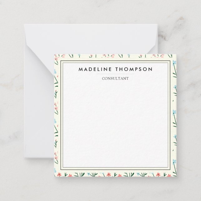 Girly Chic Pastel Pink Blue Flowers Pattern Square Note Card (Front)