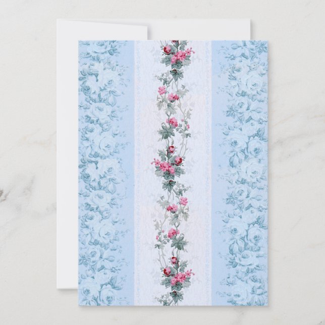Girly Chic Pink and Blue Roses Note Card (Front)