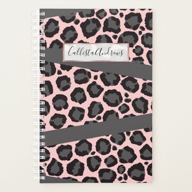 Girly Chic Pink Black Gray Leopard Cheetah Print Planner (Front)