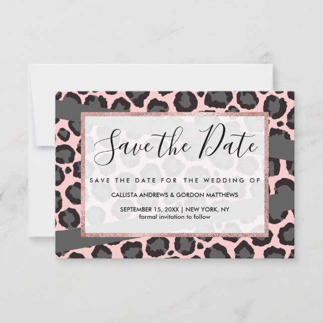 Girly Chic Pink Black Gray Leopard Cheetah Print Save The Date (Front)