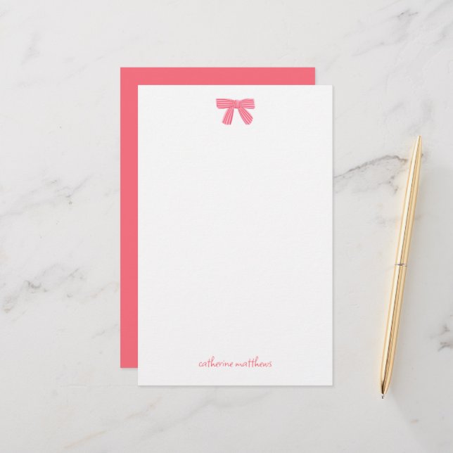Girly Chic Pink Bow Custom Stationery Note Card  (Front/Back In Situ)