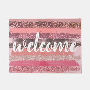 Girly Chic Pink Coral Paint Glitter Brushstrokes Doormat