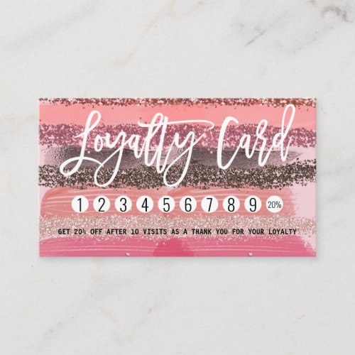 Girly Chic Pink Coral Paint Glitter Brushstrokes Loyalty Card