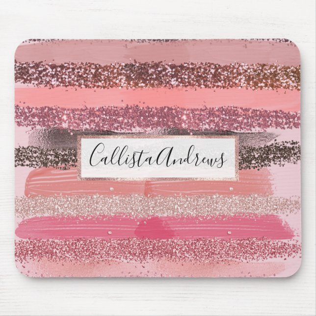 Girly Chic Pink Coral Paint Glitter Brushstrokes Mouse Pad (Front)