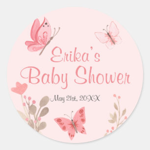 Girly Chic Pink Floral Butterflies Baby Shower Classic Round Sticker