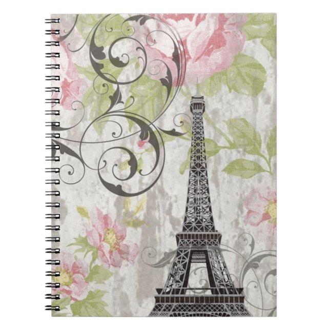 girly chic pink floral french country eiffel tower notebook (Front)