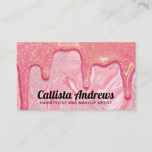 Girly Chic Pink Glitter Marble Drips Business Card