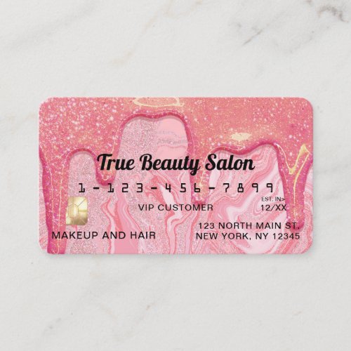 Girly Chic Pink Glitter Marble Drips Credit Business Card