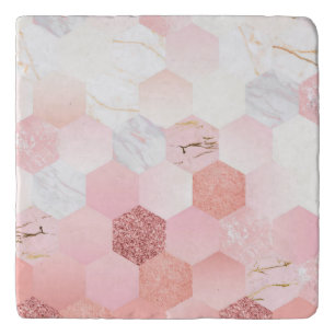 Girly Chic Pink Glitter Marble Geometric Pattern Trivet