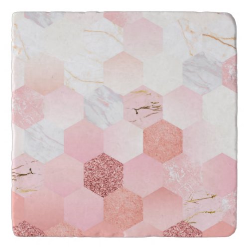 Girly Chic Pink Glitter Marble Geometric Pattern Trivet