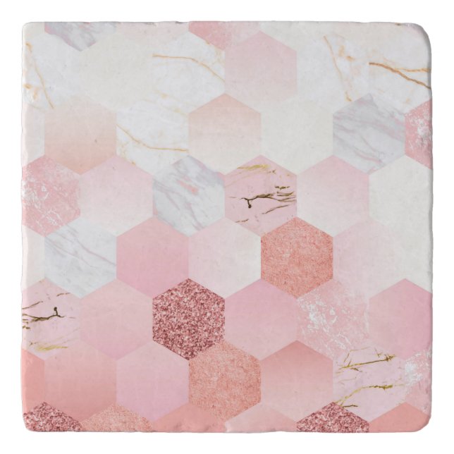 Girly Chic Pink Glitter Marble Geometric Pattern Trivet (Front)
