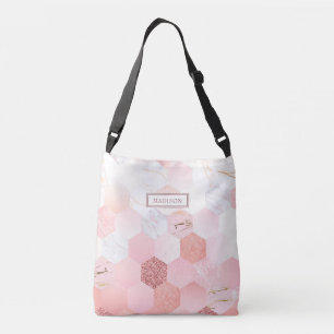 Girly Chic Pink Glitter Marble Personalized Name Crossbody Bag