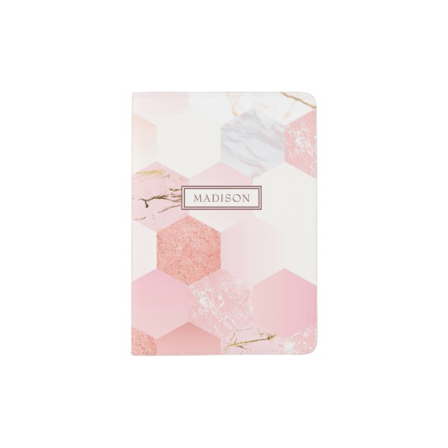 Girly Chic Pink Glitter Marble Personalized Name Passport Holder (Front)