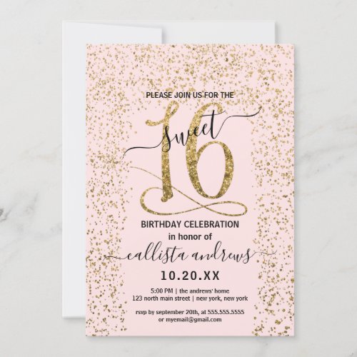 Girly Chic Pink Gold Confetti Border Sweet 16 Invitation