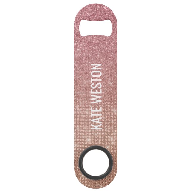 Girly Chic Pink Gold Glitter Ombre Monogram Bar Key (Back)