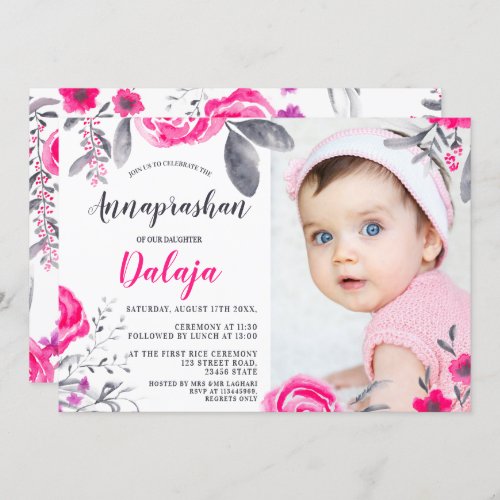 Girly chic pink gray floral watercolor Annaprashan Invitation