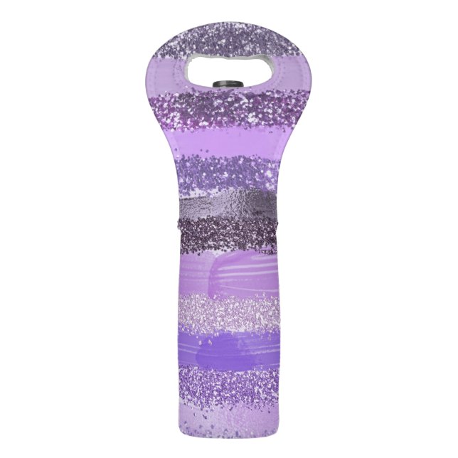 Girly Chic Purple Paint Glitter Brushstrokes Wine Bag (Front)