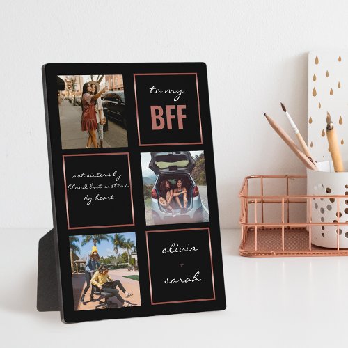Girly Chic Rose Gold Black BFF Besties 3 Photo Plaque