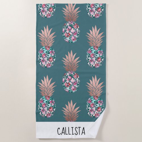 Girly Chic Rose Gold Floral Pineapples Teal Green Beach Towel