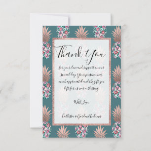 Girly Chic Rose Gold Floral Pineapples Teal Green Thank You Card