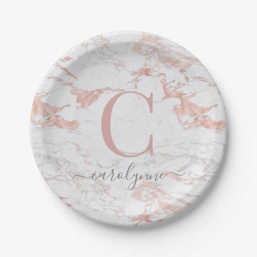 Girly Chic Rose Gold Foil  Marble Monogram Paper Plates