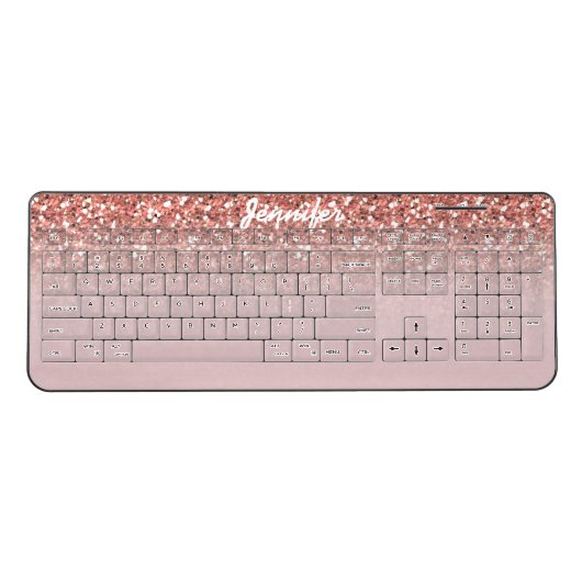 Girly Chic Rose Gold Glitter Sparkles Personalized Wireless Keyboard (Front)