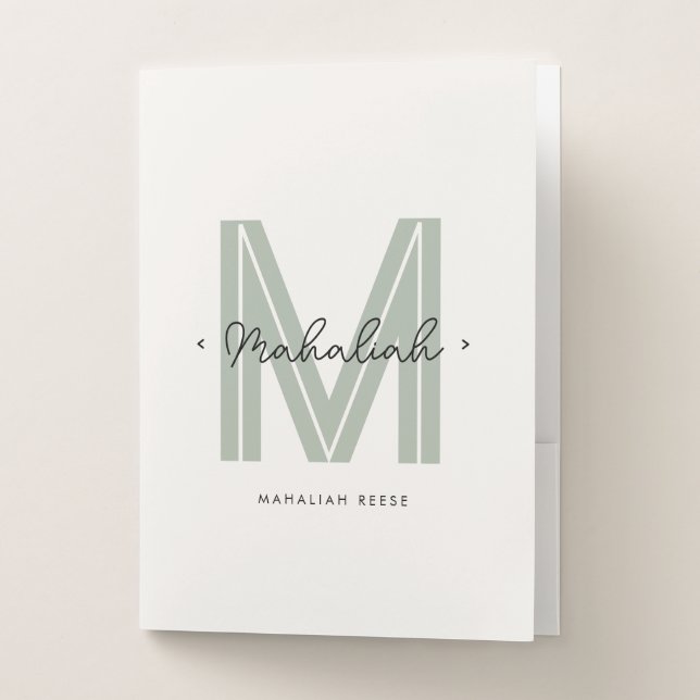 Girly Chic Sage Green Script Monogram Pocket Folder (Front)