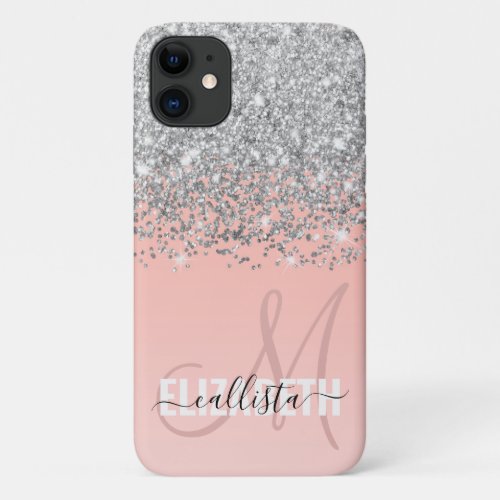 Girly Chic Silver Confetti Pink Gradient Monogram iPhone 11 Case
