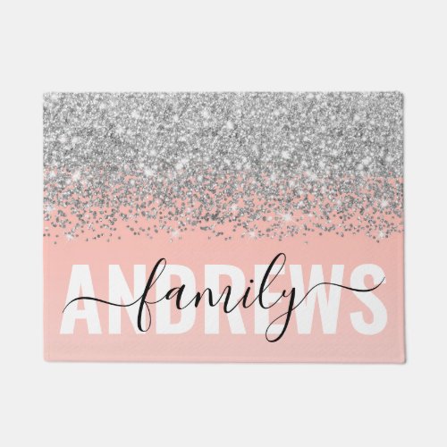Girly Chic Silver Confetti Pink Gradient Monogram Doormat