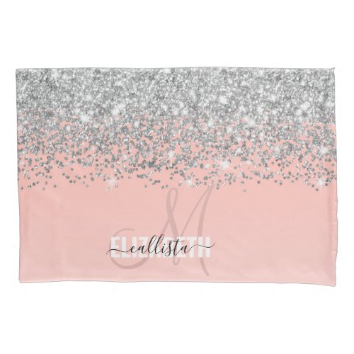 Girly Chic Silver Confetti Pink Gradient Monogram Pillow Case