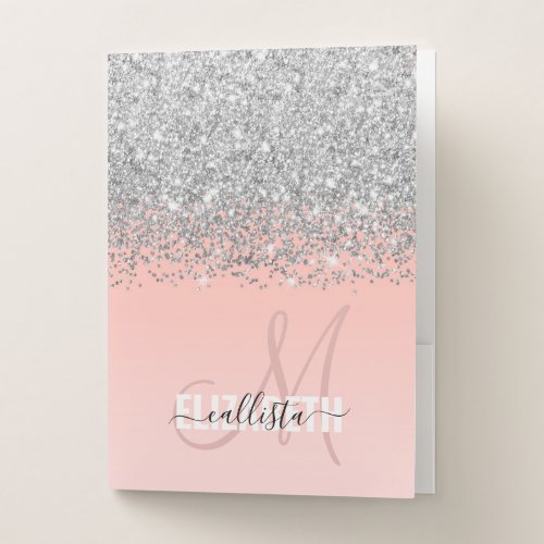 Girly Chic Silver Confetti Pink Gradient Monogram Pocket Folder