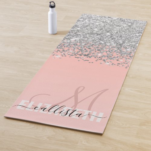 Girly Chic Silver Confetti Pink Gradient Monogram Yoga Mat