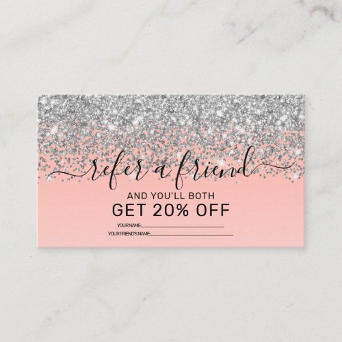 Girly Chic Silver Confetti Pink Gradient Ombre Referral Card