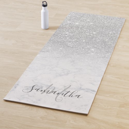 Girly chic silver glitter ombre marble monogrammed yoga mat