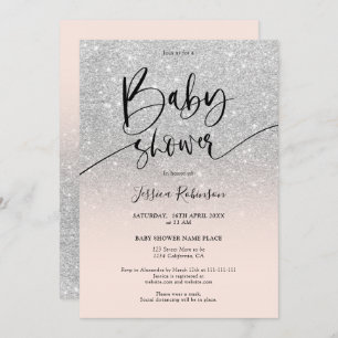 Girly chic silver glitter ombre pink baby shower invitation