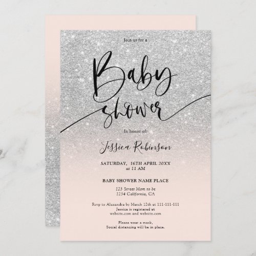 Girly chic silver glitter ombre pink baby shower invitation