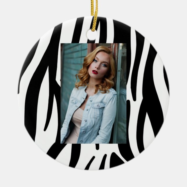 girly chic stylish black white zebra print ceramic ornament (Front)