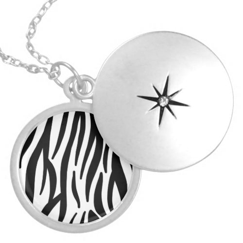 girly chic stylish black white zebra print locket necklace
