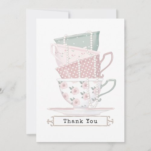 Girly Chic Teacup Stack and Pearls Thank You Card